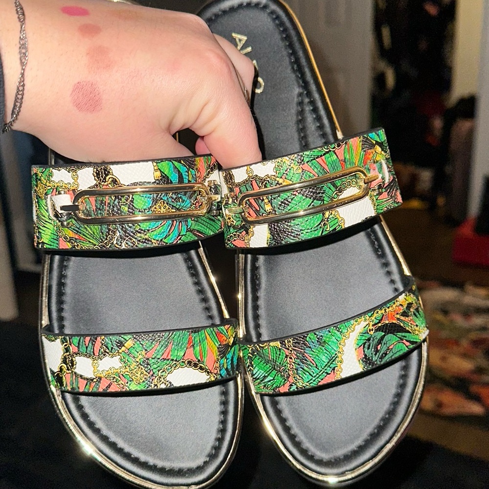 Aldo Green and Gold Patterned Sandals
